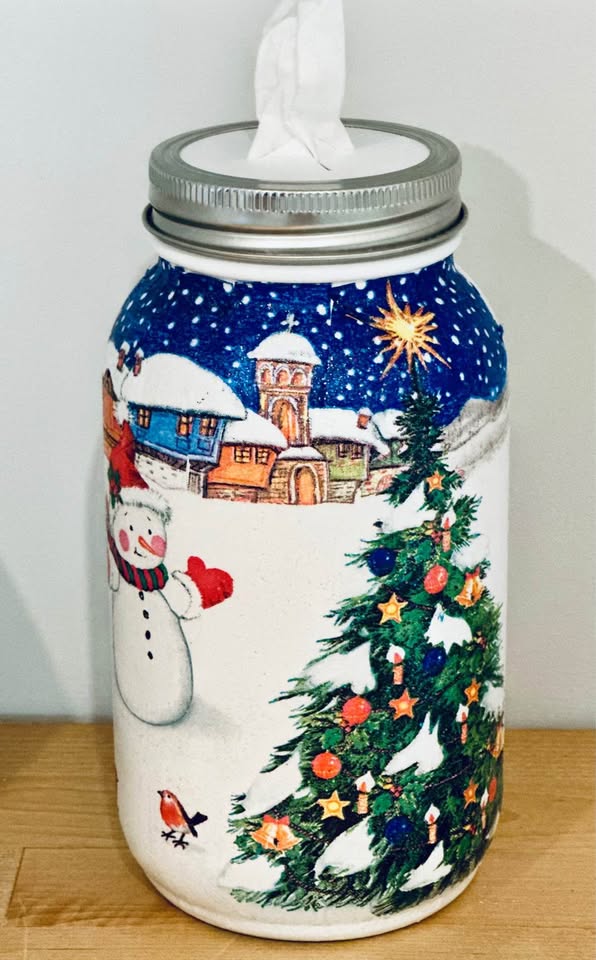 Farmhouse Snowman And Christmas Tree Tissue Jar