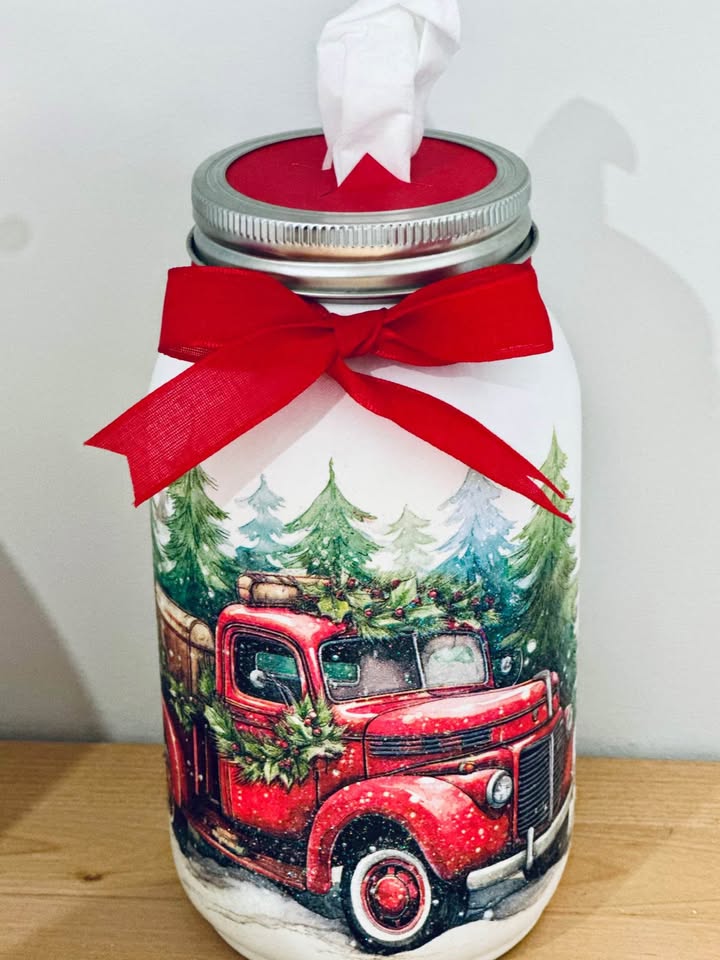 Farmhouse Antique Red Holiday Truck Tissue Jar