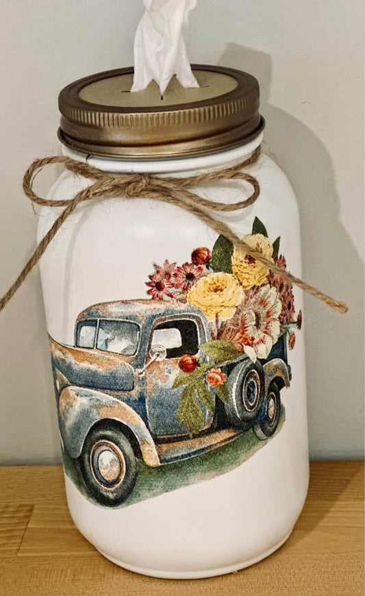 Farmhouse Antique Truck Full of Flowers Tissue Jar