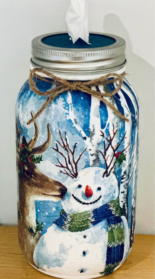 Farmhouse Deer Kissing a Snowman Tissue Jar