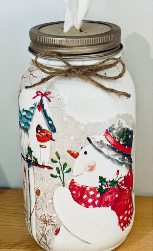 Farmhouse Snowman And Bird Tissue Jar