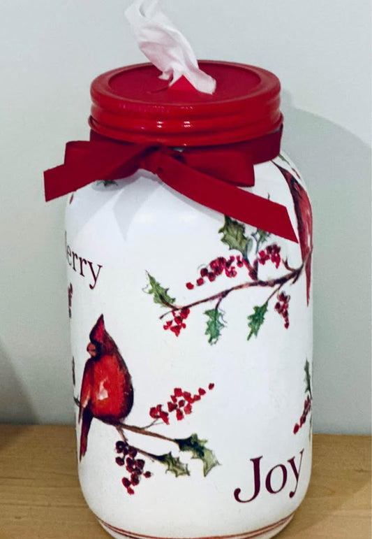 Farmhouse Merry/Joy Cardinal Tissue Jar