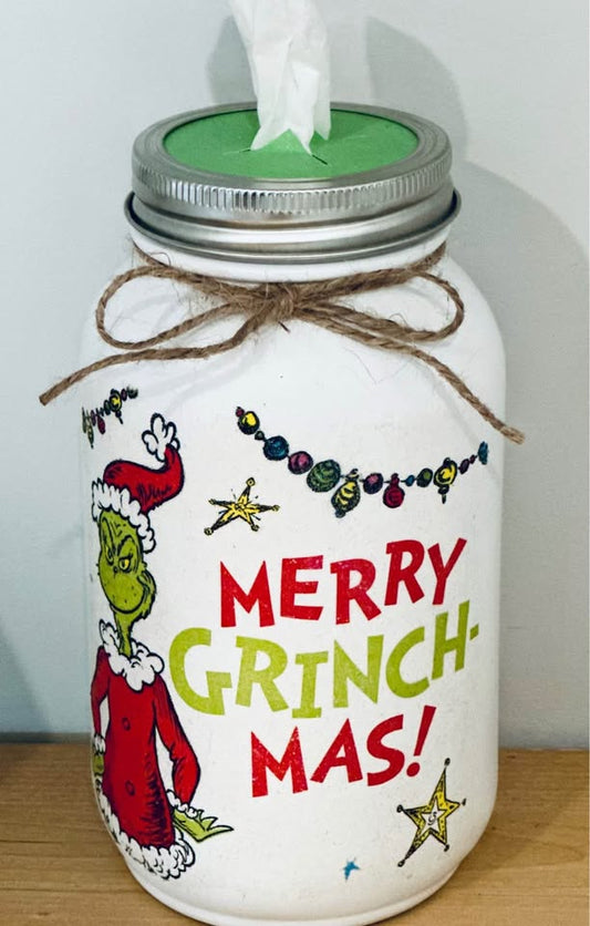 Farmhouse Merry Grinch Christmas Tissue Jar