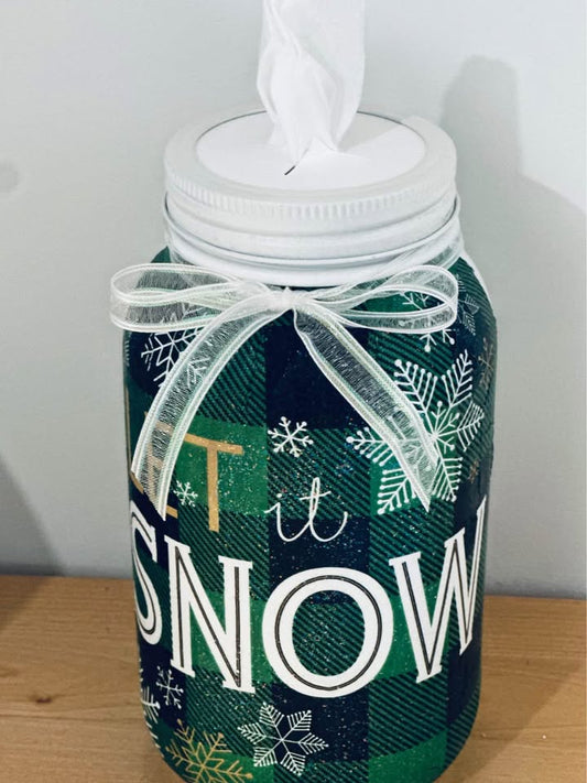 A farmhouse Let it Snow ⛄️ ❄️ Plaid Tissue Jar
