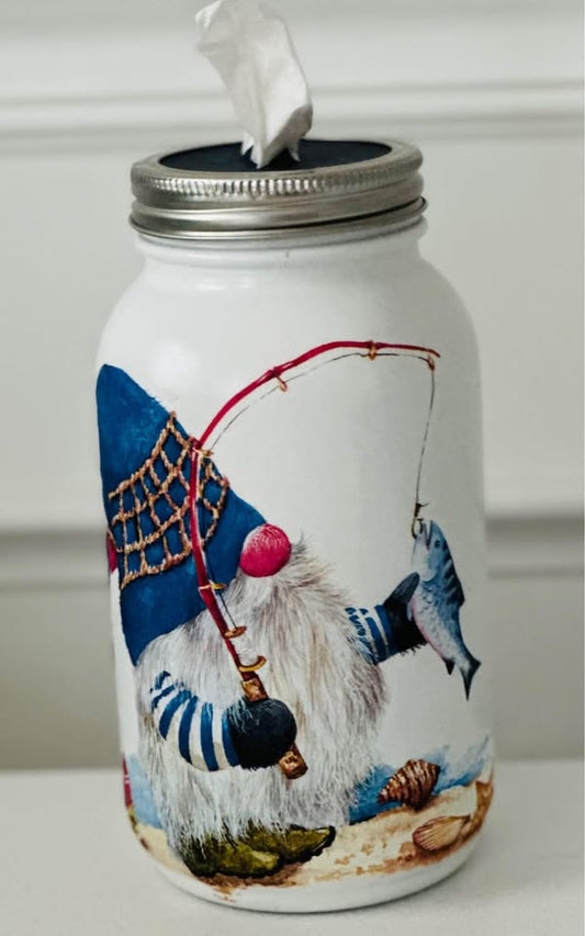 Farmhouse Gnome Gone Fishing Tissue Jar