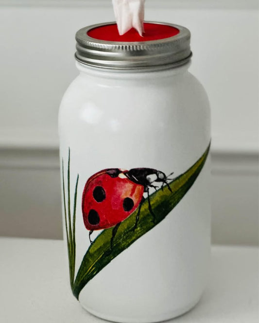Farmhouse Lady Bug on a Leaf Tissue Jar