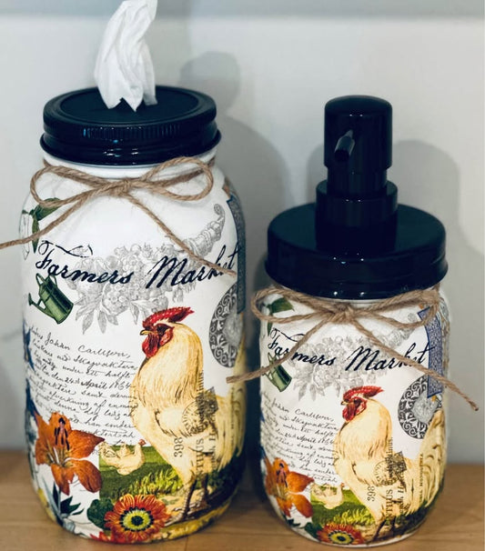 Farmhouse Rooster  Tissue Jar and Soap, Lotion Dispenser