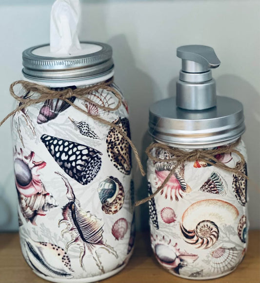 Farmhouse Seashells Soap, Lotion Dispenser and Tissue Jar